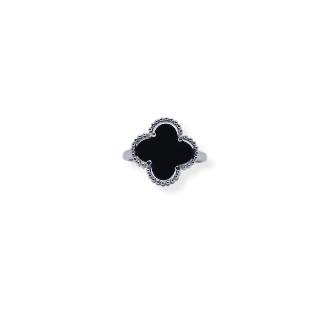 Silver black clover ring