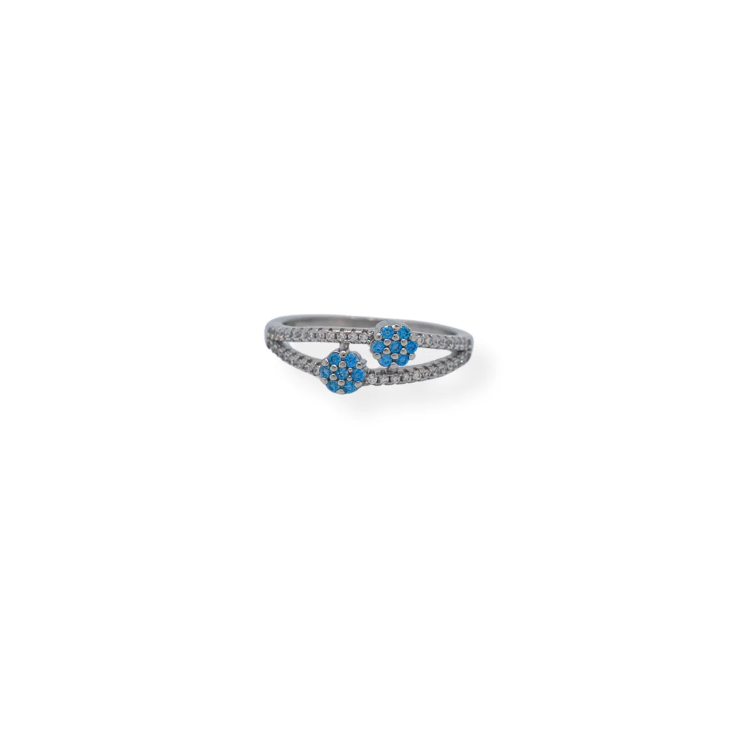 Silver blue cz flower ring